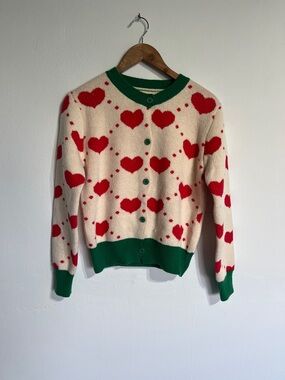 Vintage-Inspired Cream Cardigan Sweater with Red Hearts and Green Trim NWOT